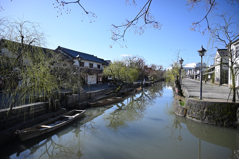 倉敷美観地区の街並みと倉敷川沿いの白壁が続く風景